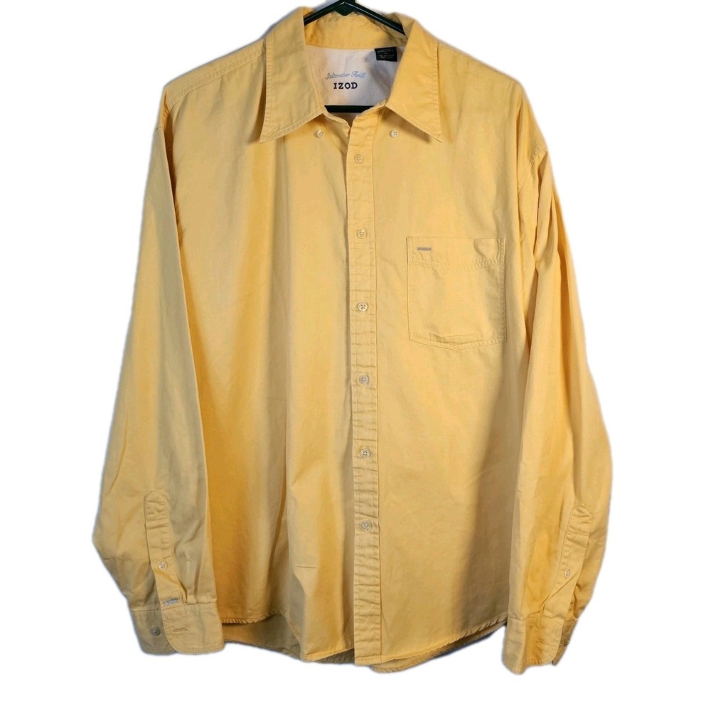 Izod Mens Button Up Shirt XL Yellow Saltwater Twill Casual Pocket 100% Cotton